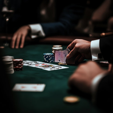 Man playing poker in casino. Close up of male hands with chips and cards.の素材