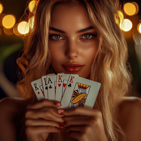 Close-up portrait of a beautiful young woman with a perfect make-up holding playing cards.の素材