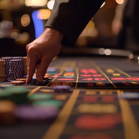 casino, gambling, entertainment and people concept - close up of male hand playing roulette at casinoの素材