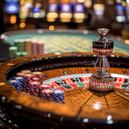 Casino roulette wheel with chips and black jackpot on the tableの素材