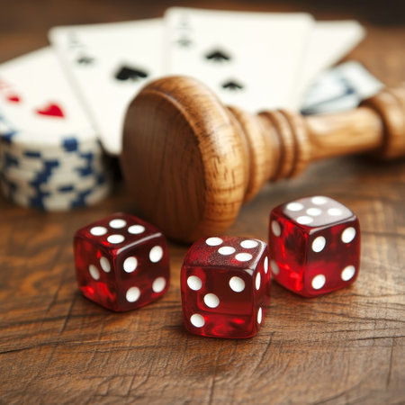 red dices with casino chips and wooden gavel on wooden tableの素材