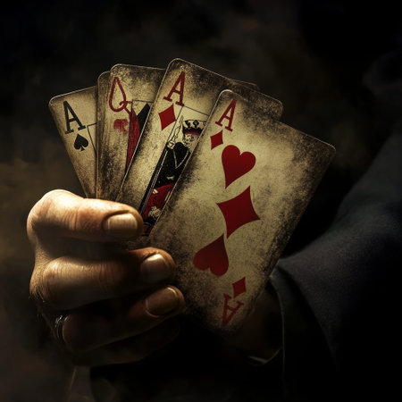 Man holding playing cards in his hand on a dark background with smokeの素材