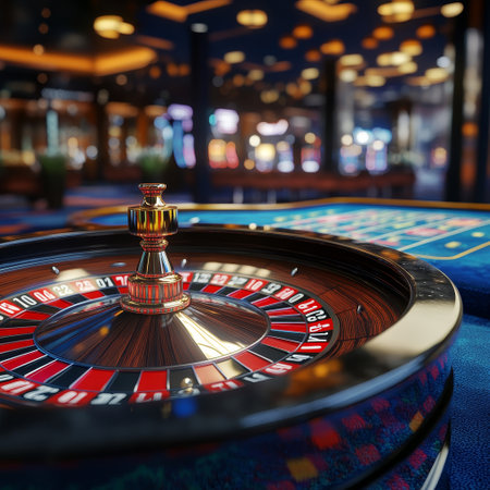 Casino roulette wheel in casino. 3d render illustration.の素材