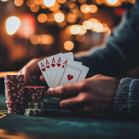 Man playing poker in a casino. Close-up of a man's hands holding playing cards and chips.の素材