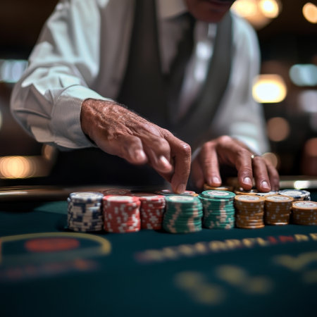Casino theme. Cropped image of a mature man playing poker at the casino.の素材