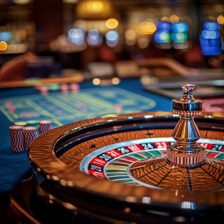 Casino roulette table in casino. Roulette wheel on the tableの素材