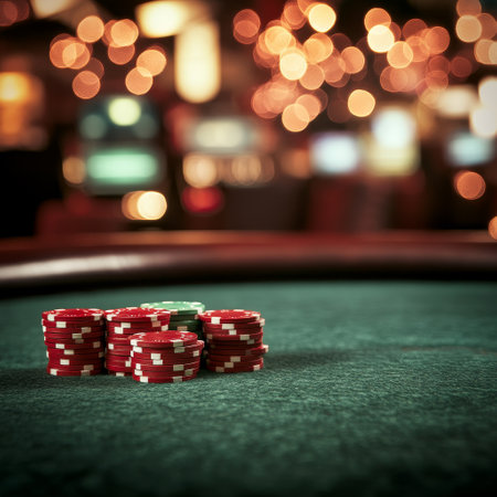 Casino gambling chips on green table with bokeh background.の素材