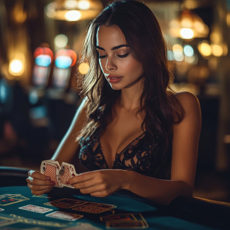 Beautiful young woman playing poker at the casino. Casino concept.の素材