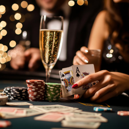 Couple playing poker with champagne and chips on green table at casinoの素材