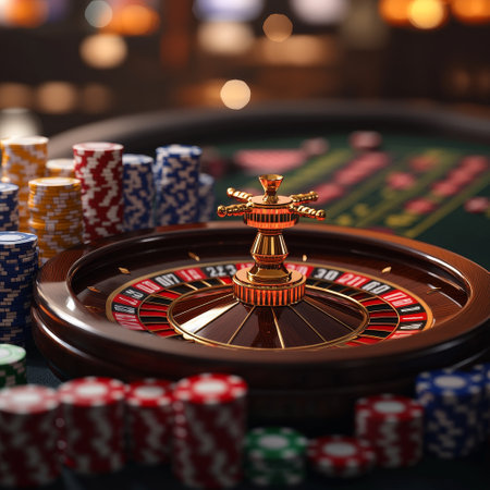 Casino roulette wheel and chips on table. 3d renderの素材