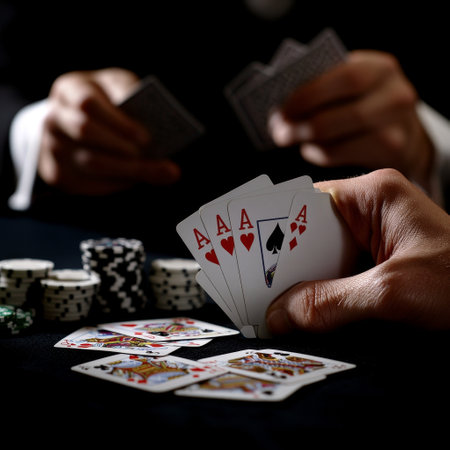 Hands of poker player with playing cards and chips on black backgroundの素材