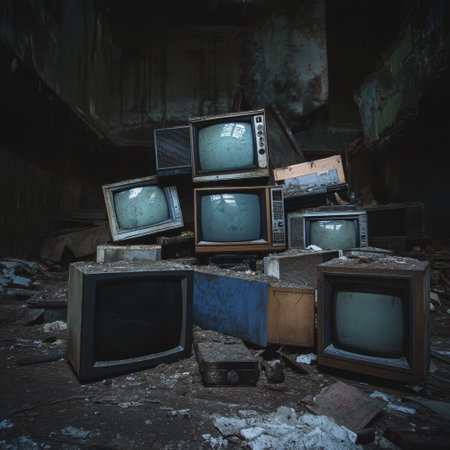 Abandoned old TV set in an abandoned factory. Toned.の素材