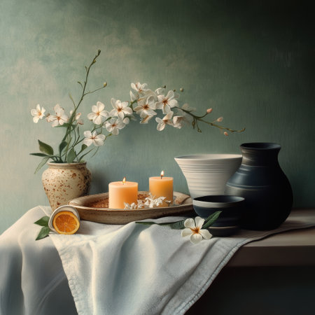 Still life with burning candles, ceramic vases, flowers and linen cloth on a green background.の素材