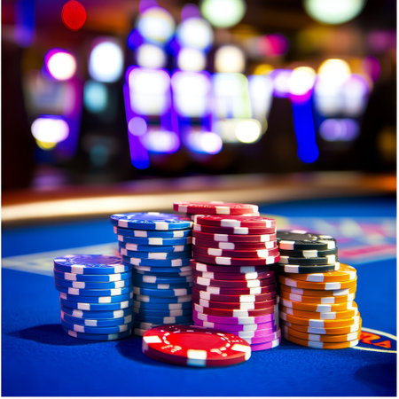 Casino chips and cards on the table in casino. Gambling backgroundの素材
