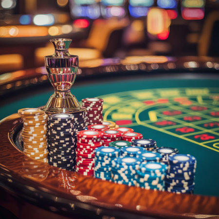 Casino roulette table with red and blue chips. Casino backgroundの素材