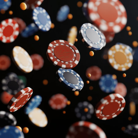 3d rendering of casino chips falling on black background with bokeh effectの素材