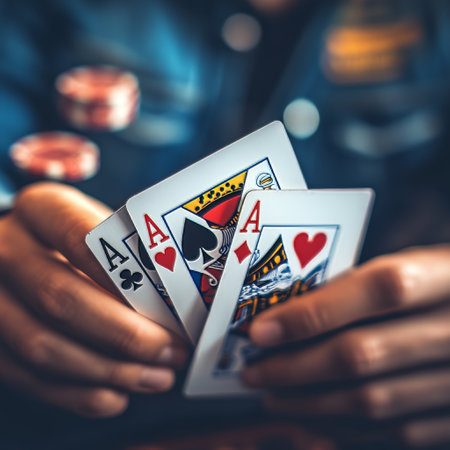 Close-up of the hands of a young man playing poker.の素材