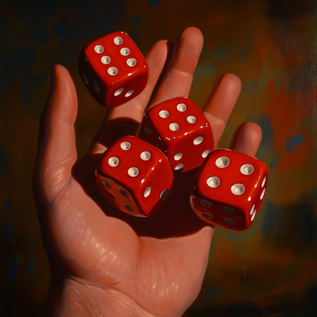 Red dice in hand on a dark background. Close-up.の素材