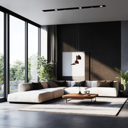 Interior of modern living room with black and white walls, concrete floor, panoramic window and sofa. 3d renderingの素材