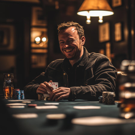 Handsome young man playing texas hold'em poker in a casinoの素材
