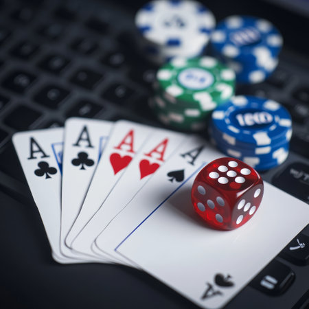 casino, gambling, entertainment and people concept - close up of red dice and playing cards on laptop computer keyboardの素材