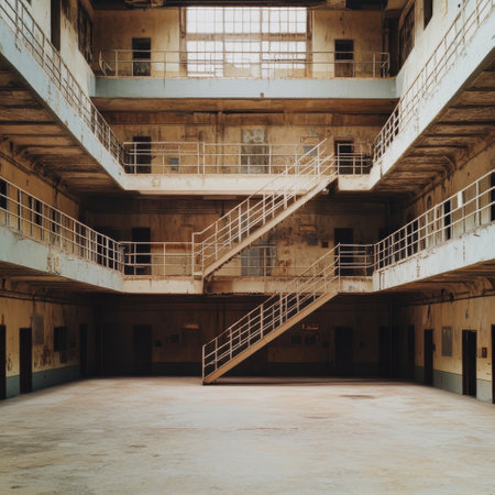 interior of abandoned industrial building with concrete staircase, retro tonedの素材