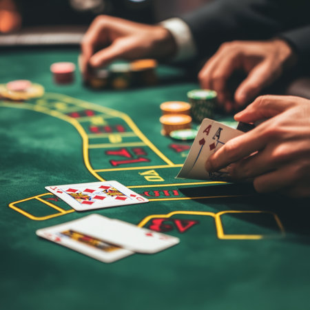 Close-up image of a poker player with cards and chips on the tableの素材