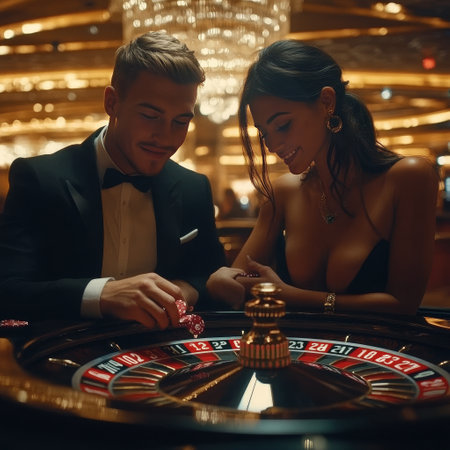 Luxury young couple playing roulette in casino. Man and woman in black suits.の素材