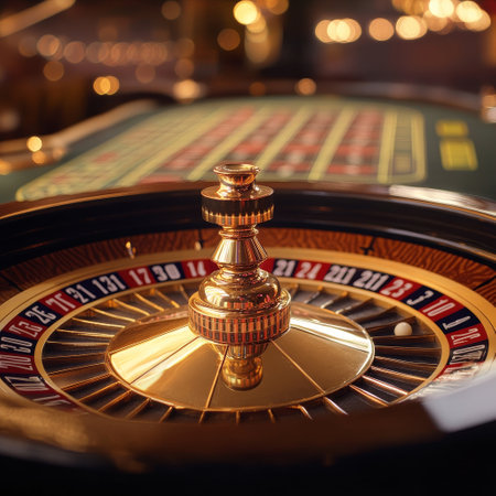 Roulette table in casino with golden roulette wheel close upの素材