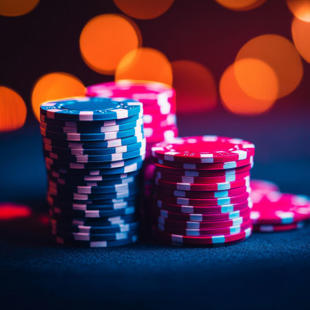 Casino gambling chips on dark background with bokeh effect.の素材