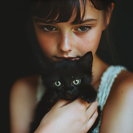 Portrait of a beautiful young girl with a black kitten in her armsの素材