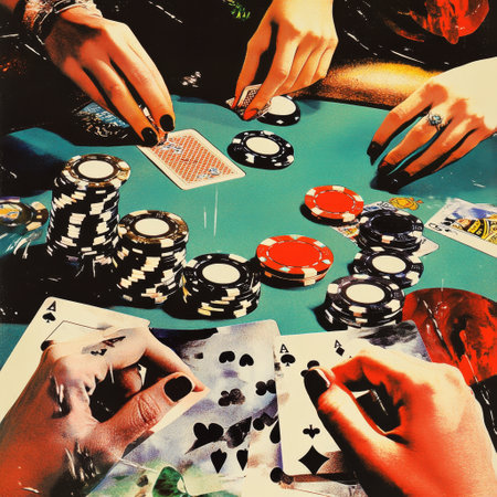 Poker players playing cards and chips. Retro toned image.の素材