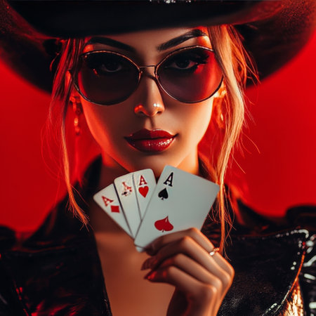Attractive young woman in hat and sunglasses holding playing cards over red background.の素材
