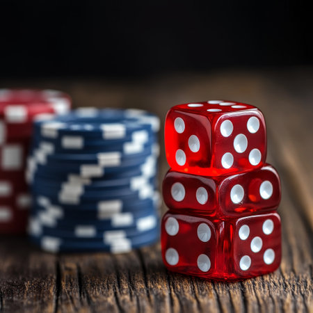 Red and black casino chips on wooden table, shallow depth of fieldの素材