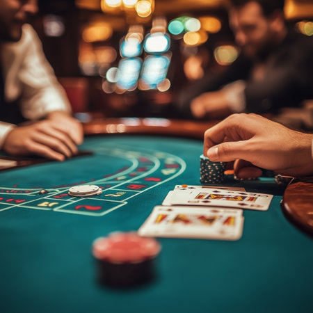 Man playing roulette in casino. Close up of hands and chips.の素材