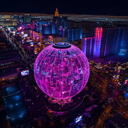 Aerial view of Downtown Las Vegas at night.の素材