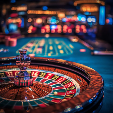 Roulette table in casino. Roulette wheel and casino chips.の素材