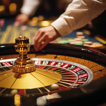 Casino roulette game. Close-up of casino roulette table with numbers and chips. Gambling backgroundの素材