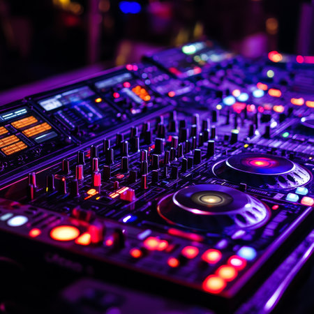 Dj mixer console in nightclub, close-up. Shallow depth of fieldの素材