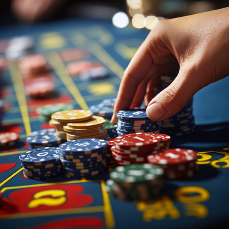 Casino theme, close up of a woman hand playing rouletteの素材