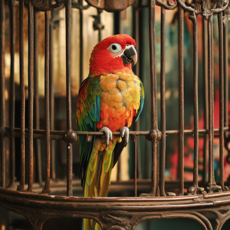 Colorful parrot in a birdcage, close-upの素材