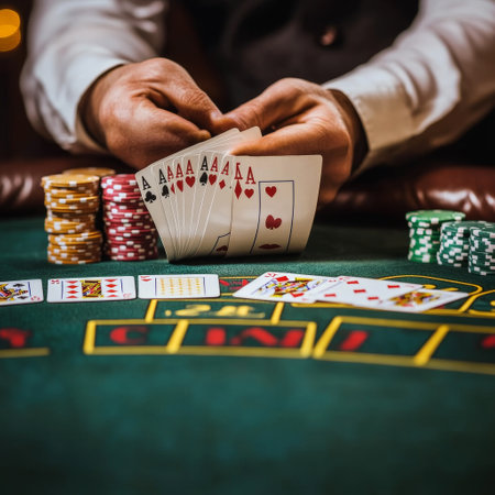 Close-up image of a young man playing poker at the casinoの素材