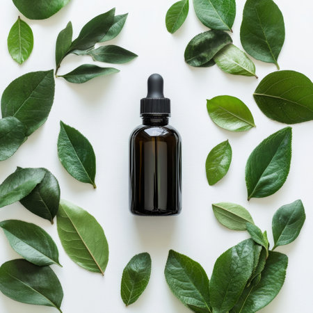 Bottle of essential oil with green leaves on white background. Flat lay, top viewの素材