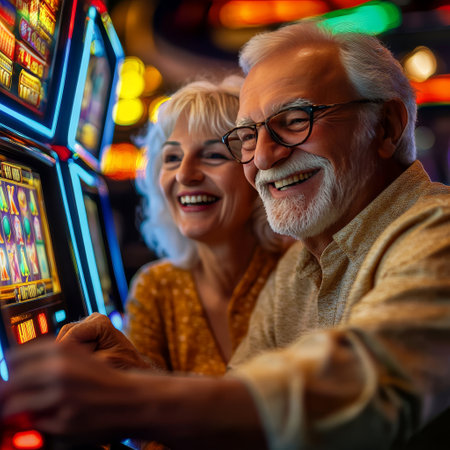 Happy senior couple playing slot machine in casino. Cheerful elderly man and woman having fun together.の素材
