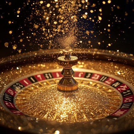 Casino roulette wheel with gold dust and golden bokehの素材