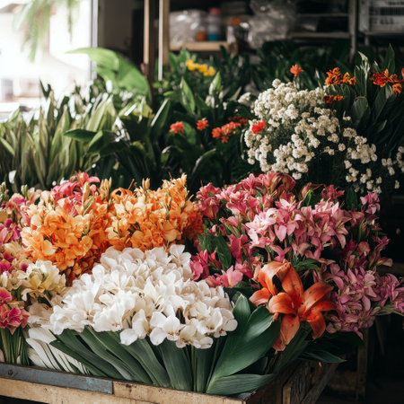 Variety of colorful flowers in a flower shop. Floral backgroundの素材