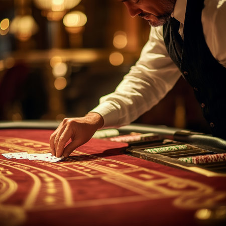 Croupier playing roulette at the casino. Close-up of a man playing poker.の素材