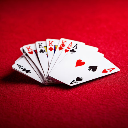 Playing cards on a red background, close-up, shallow depth of fieldの素材