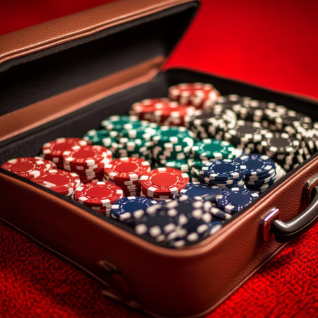 Poker chips in a case on a red background close-upの素材