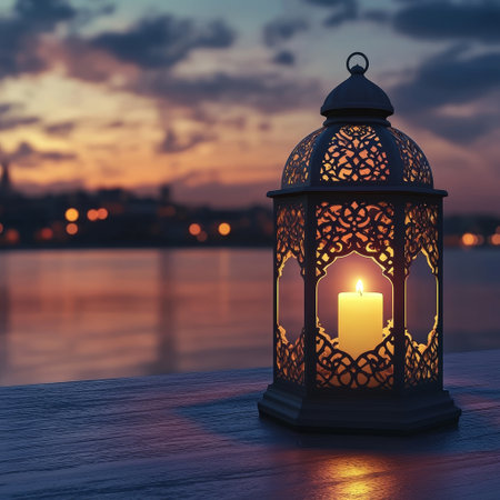 Lantern with burning candle on a wooden table against the background of the city and the riverの素材